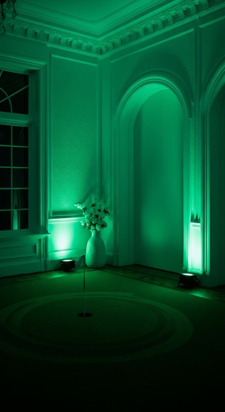 9 Ultimate Golf Party Decorations And Par-Tee Setup Secrets Sophisticated Indoor Party Space With Dramatic Emerald Green Uplighting, Mimicking A Nighttime Golf Course Ambiance.