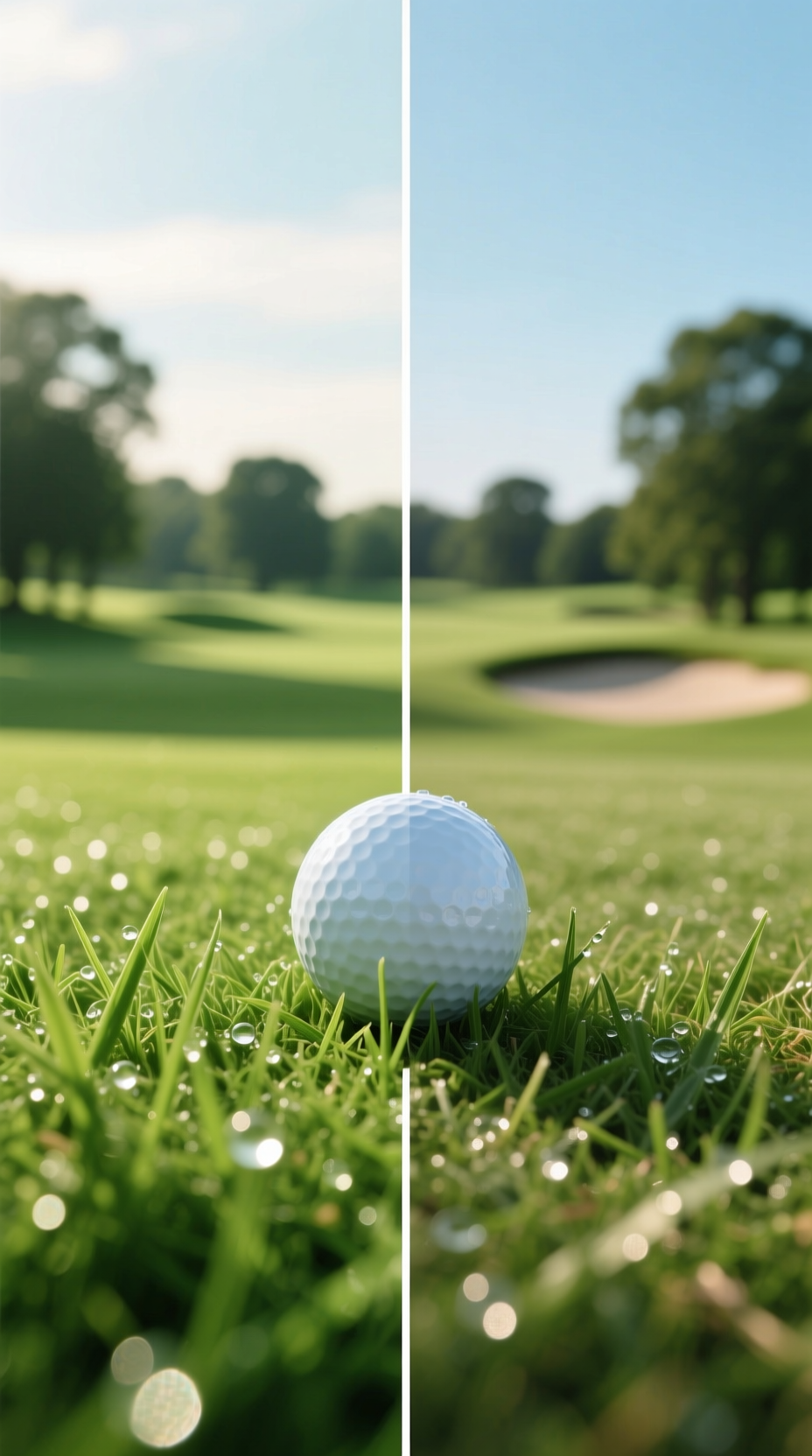 Split-Screen Showing A Before And After Of A Golf Photo, From A Raw, Green Image To An Edited, Muted Vintage Look.