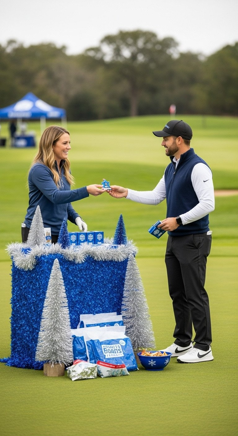 Sponsor Representative Handing Item To Golfer On A Christmas-Decorated Tee Box, With Festive Blue And Silver Decor.