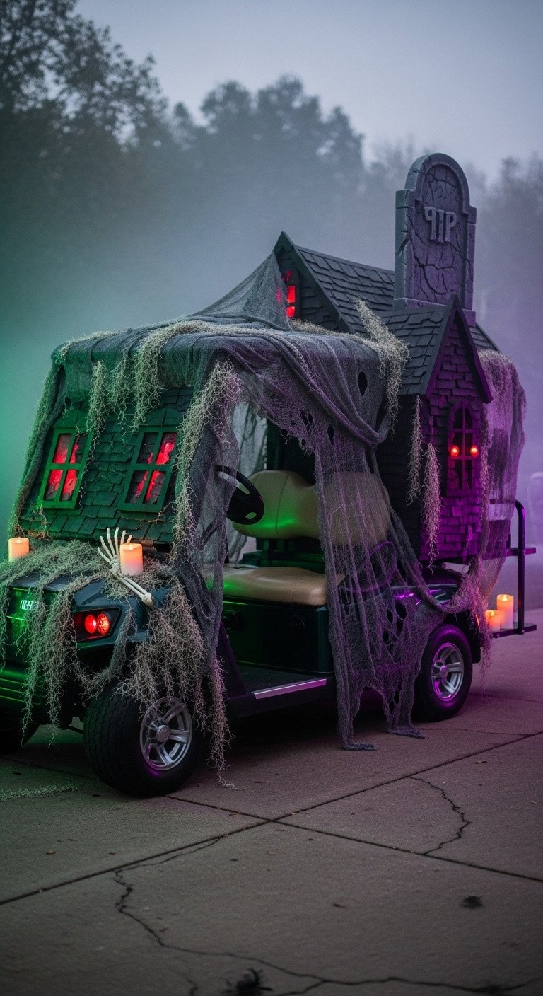 11 Genius Golf Cart Decorating Ideas To Win Every Contest Spooky Halloween Haunted Golf Cart, Tattered Cheesecloth, Red Led Eyes, Tombstone, Spiderwebs. Eerie.