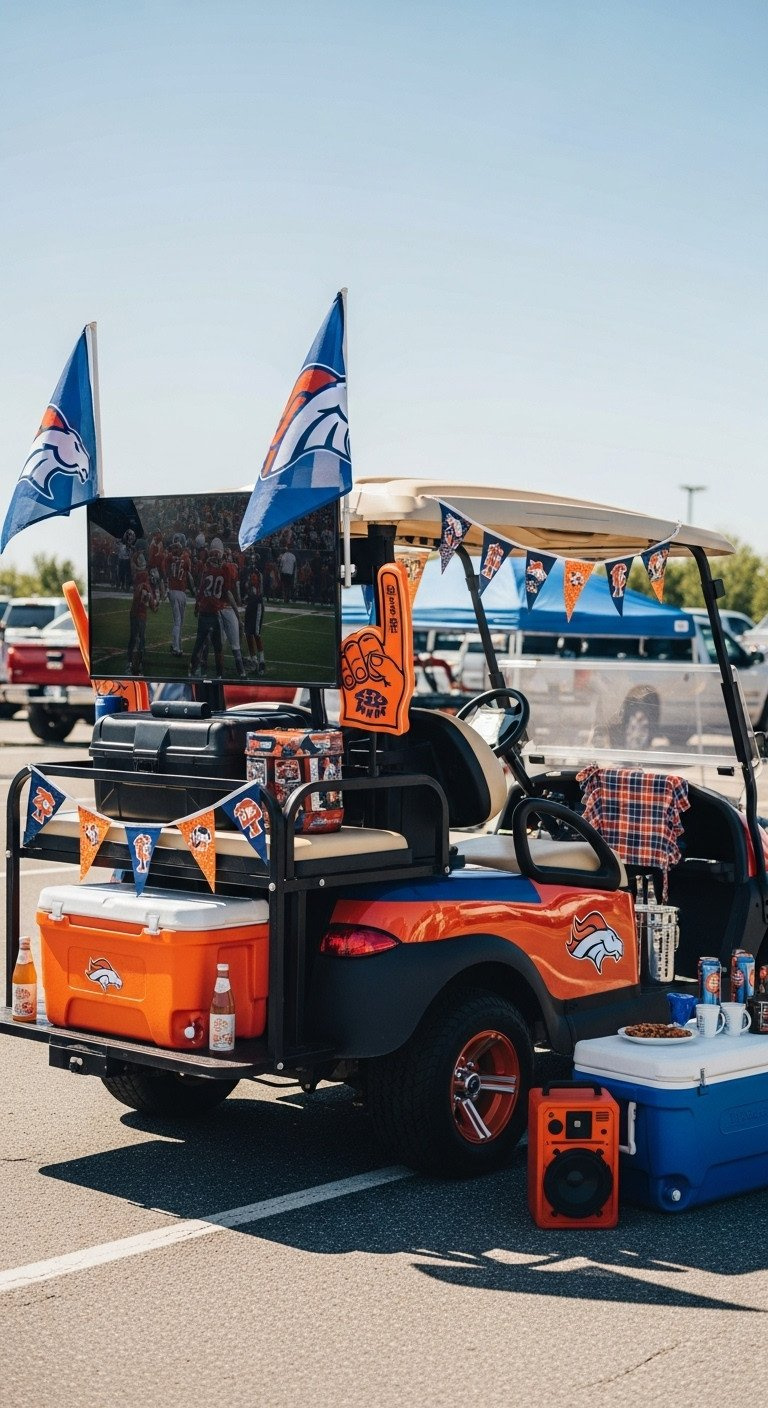 11 Genius Golf Cart Decorating Ideas To Win Every Contest Sports-Themed Golf Cart, Orange &Amp; Blue, Large Tv, Branded Flags, Cooler, Tailgate Food. Parking Lot.
