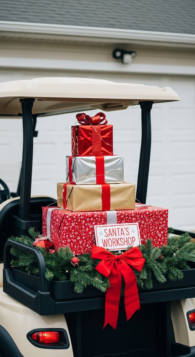 Stack Of Three Vibrant Metallic Christmas Presents With Led Lights In A Golf Cart Back Seat, Perfect For A Holiday Parade.