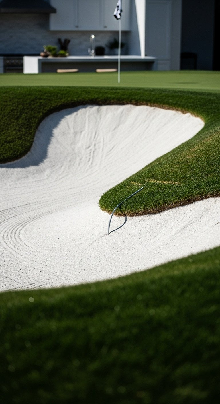 Steep White Sand Golf Bunker, Crisp Edge, Dark Green Turf. High Contrast, Deep Shadows, Fine Sand Textures.