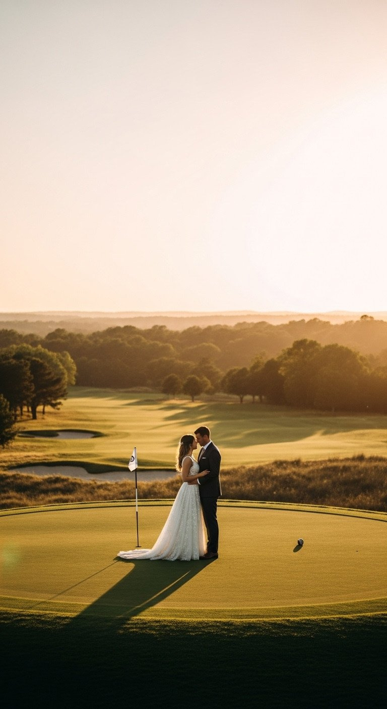 Golf Course Wedding Venue Guide The Expert Planning Checklist Stunning Couple In Wedding Attire On A Golf Course Tee Box During Golden Hour, Romantic Pose With A Vast, Blurred Green Landscape.