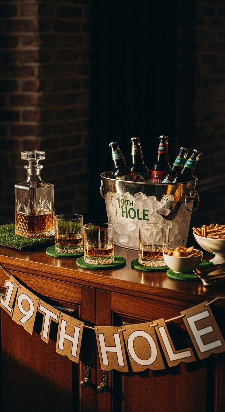 9 Ultimate Golf Party Decorations And Par-Tee Setup Secrets Stylish '19Th Hole' Golf Party Serving Station With Whiskey Glasses, Iced Craft Beer, Crystal Decanter, And Turf Placemats.