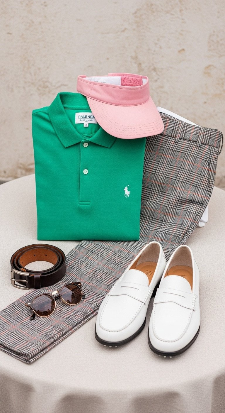 Stylish Golf Party Attire: Emerald Green Polo, Plaid Trousers, Blush Pink Visor, White Leather Loafers On Linen.