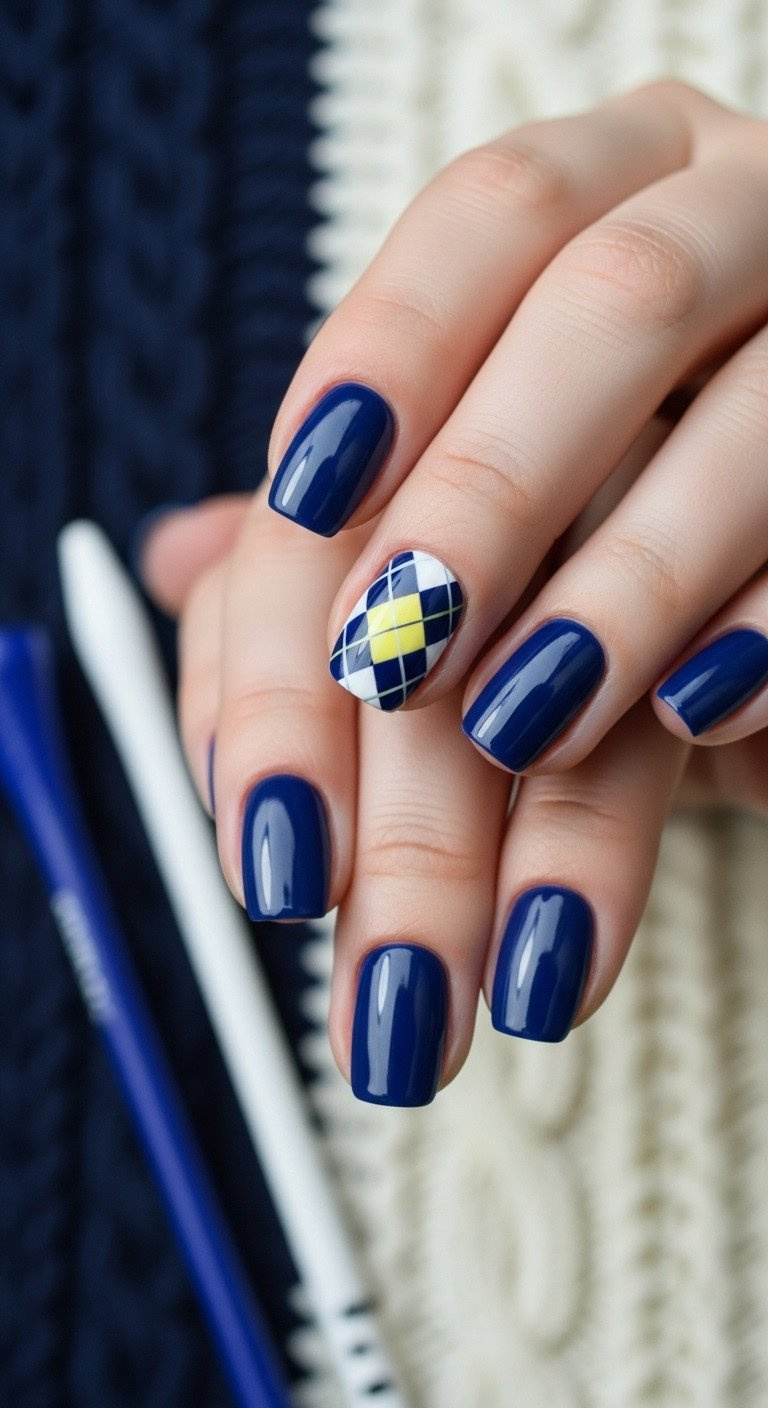 Stylish Preppy Golf Manicure: Navy Blue Nails With White And Yellow Argyle Plaid Accent. Blurred Golf Sweater In Background.