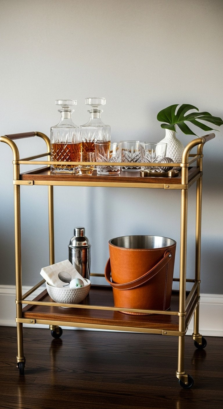 Stylish Two-Tiered Wood And Brass Bar Cart With Crystal Decanters And Golf-Themed Accessories In A Living Room.
