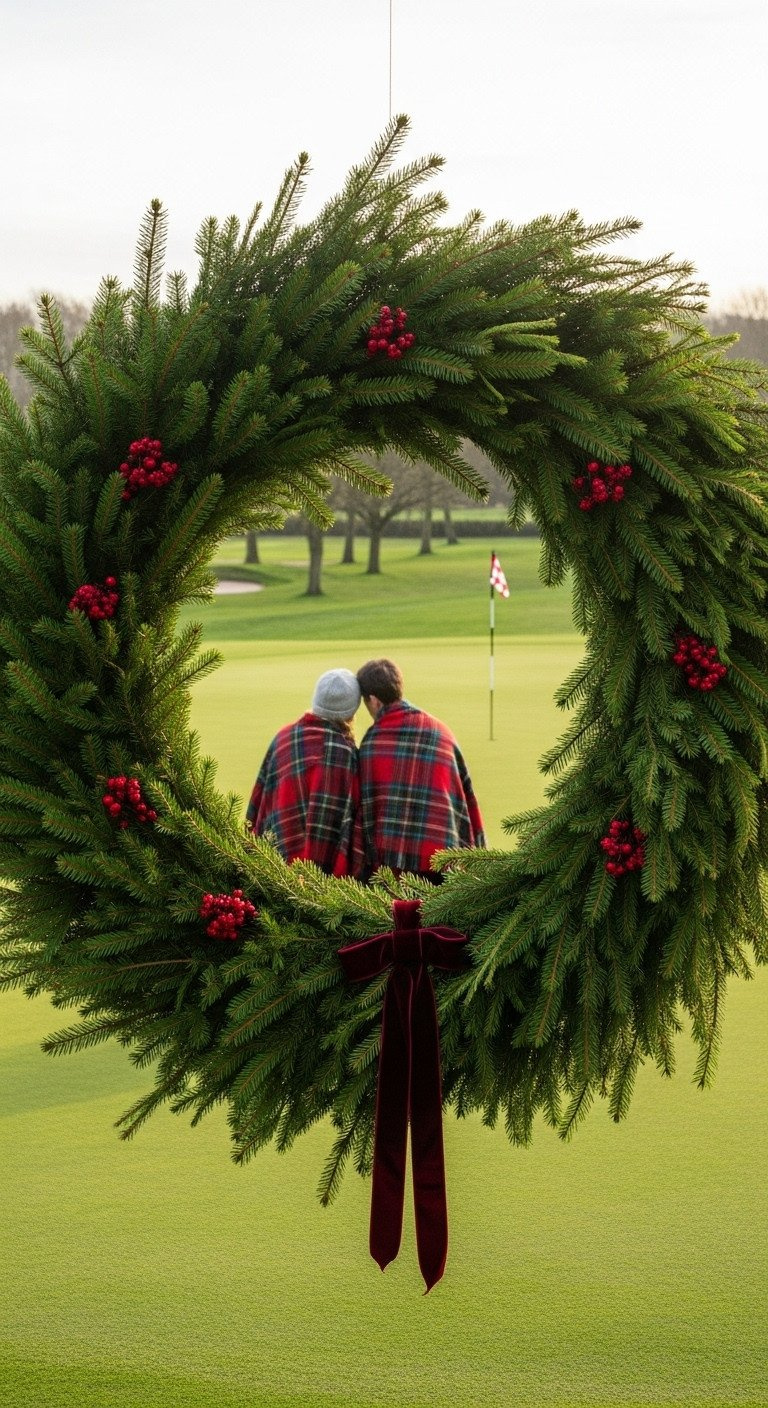 Subject Peering Through A Lush Christmas Wreath To A Golf Putting Green And Flag Pin, With Tartan Blanket.