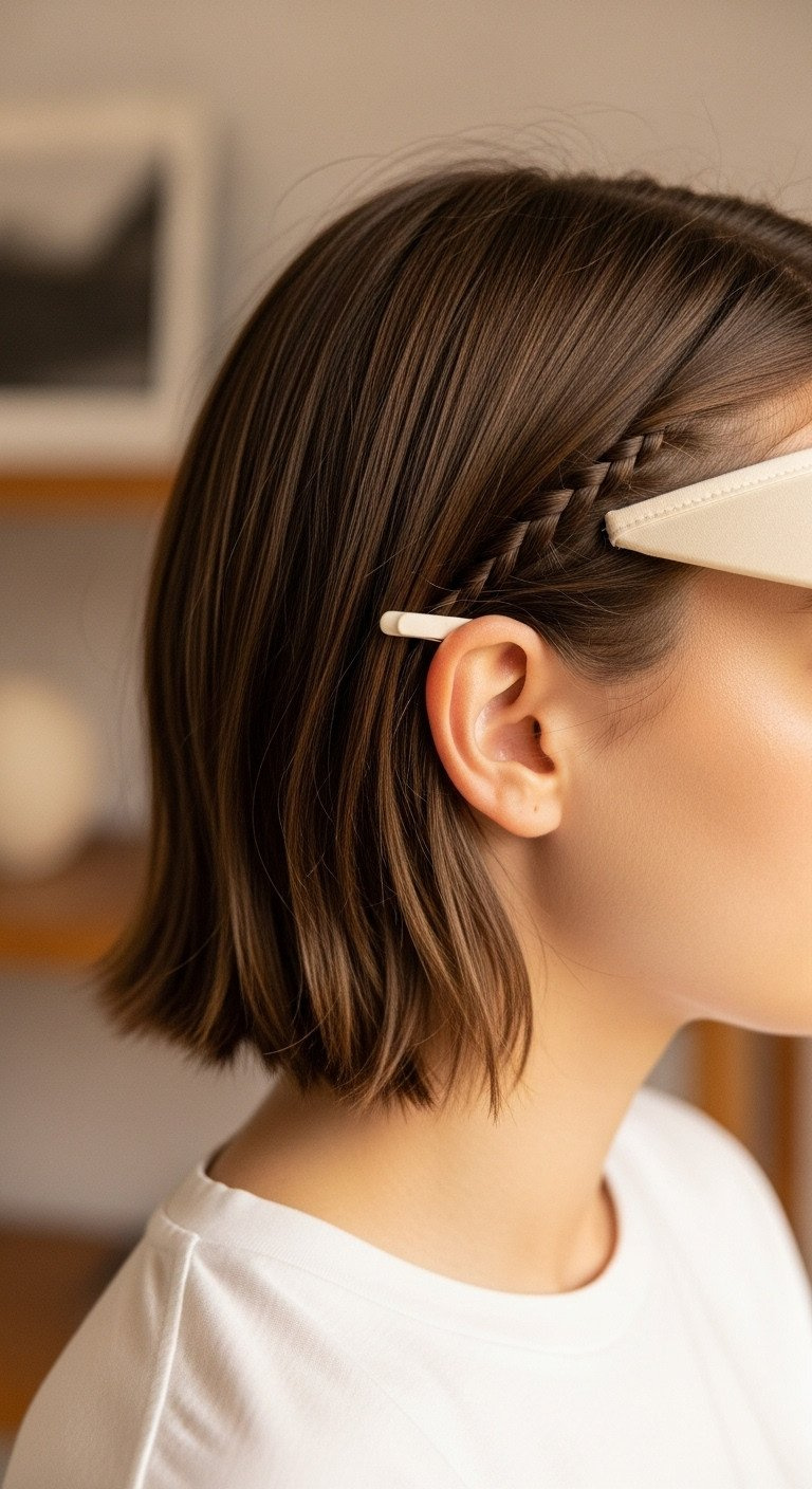 9 Genius Golf Visor Hairstyles To Stop Hair Flattening Subtle Invisible Micro-Braid Securing Chin-Length Hair At The Temple, Preventing Flyaways With A Hidden Pin.