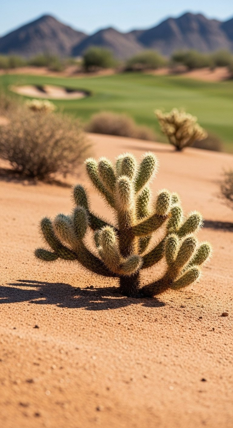 Sun-Drenched Desert Golf Course: Terracotta Earth, Sage Green Shrubs, And Tan Sand With Cacti.