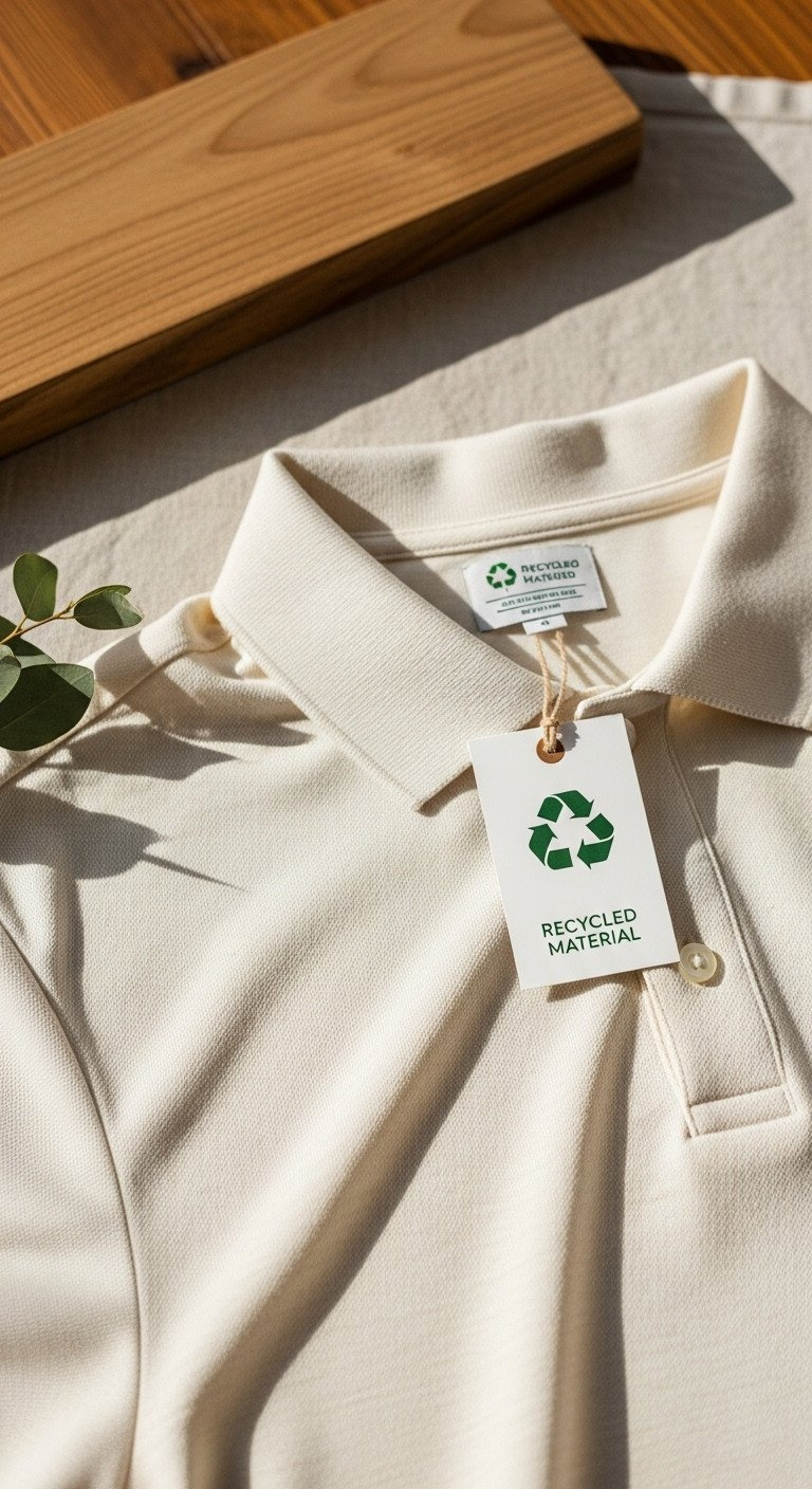 Sustainable Men'S White Golf Polo, Recycled Polyester Blend Fabric. Soft Texture, Natural Greenery, Eco-Friendly Apparel.