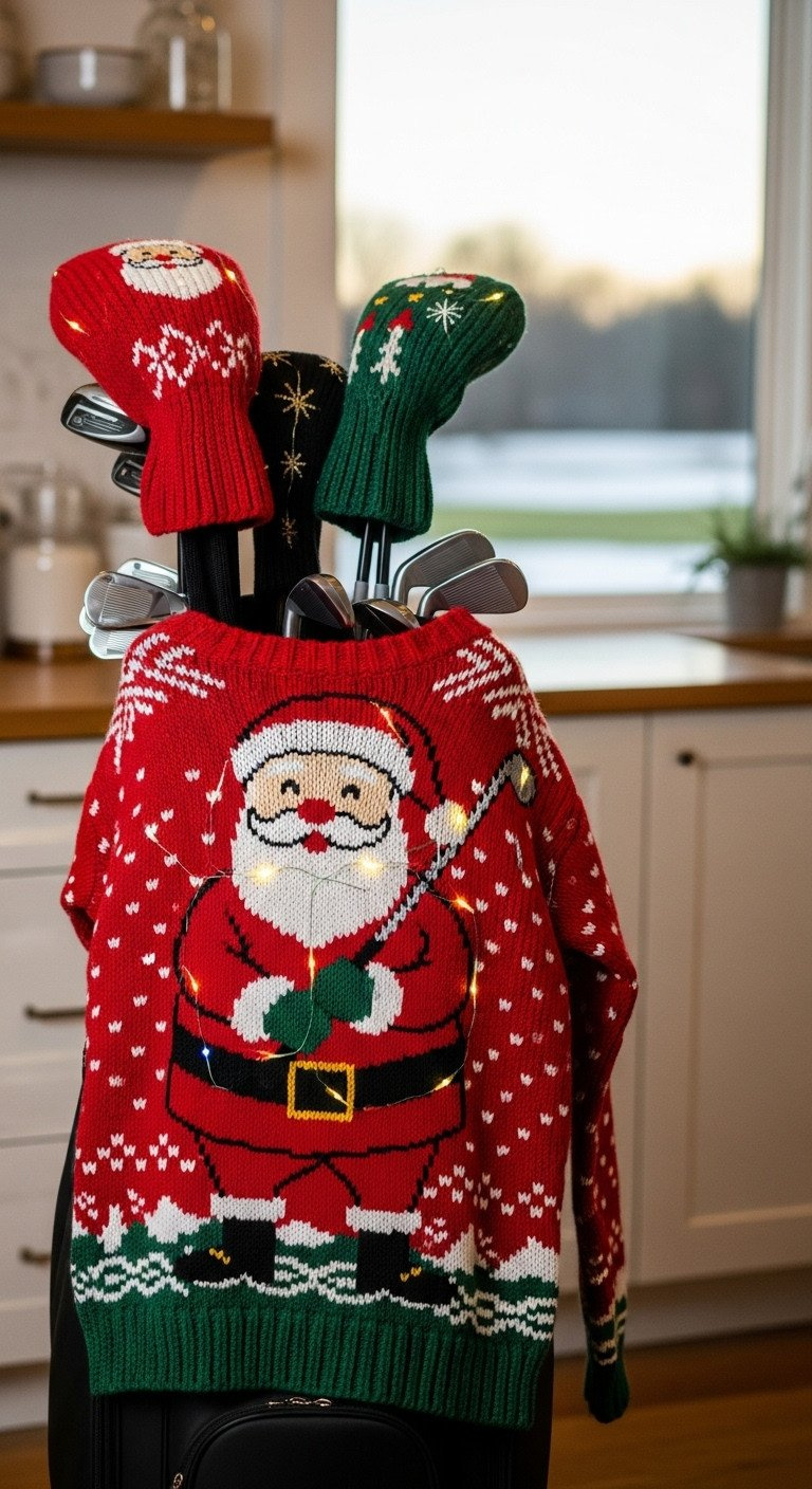 Tacky Christmas Sweater Featuring Golfing Santa With Golf Club, Subtle Led Lights, And Jacquard Knit, Draped On A Golf Bag With Snowy Course Background.