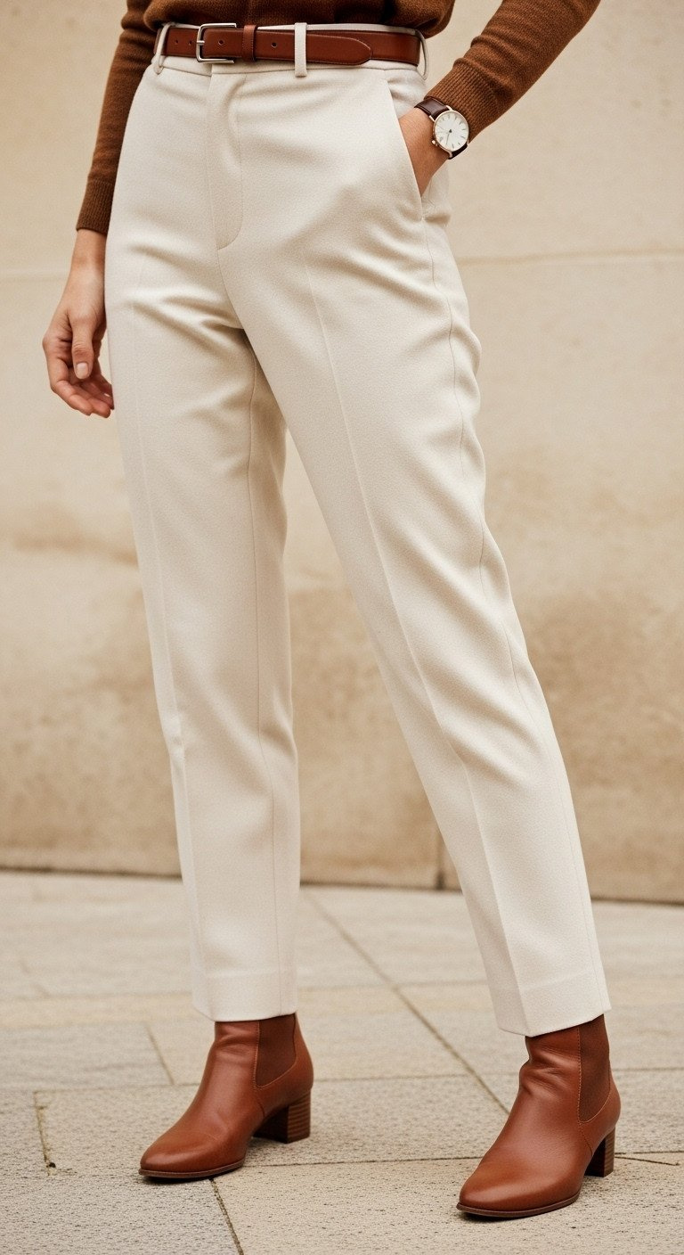 Master The Golf Aesthetic The Ultimate Guide To Golfcore Style Tailored High-Rise Cream Wool Blend Trousers With Sharp Crease, Minimal Ankle Break, On A Stone Surface. Elegant Women'S Fashion.