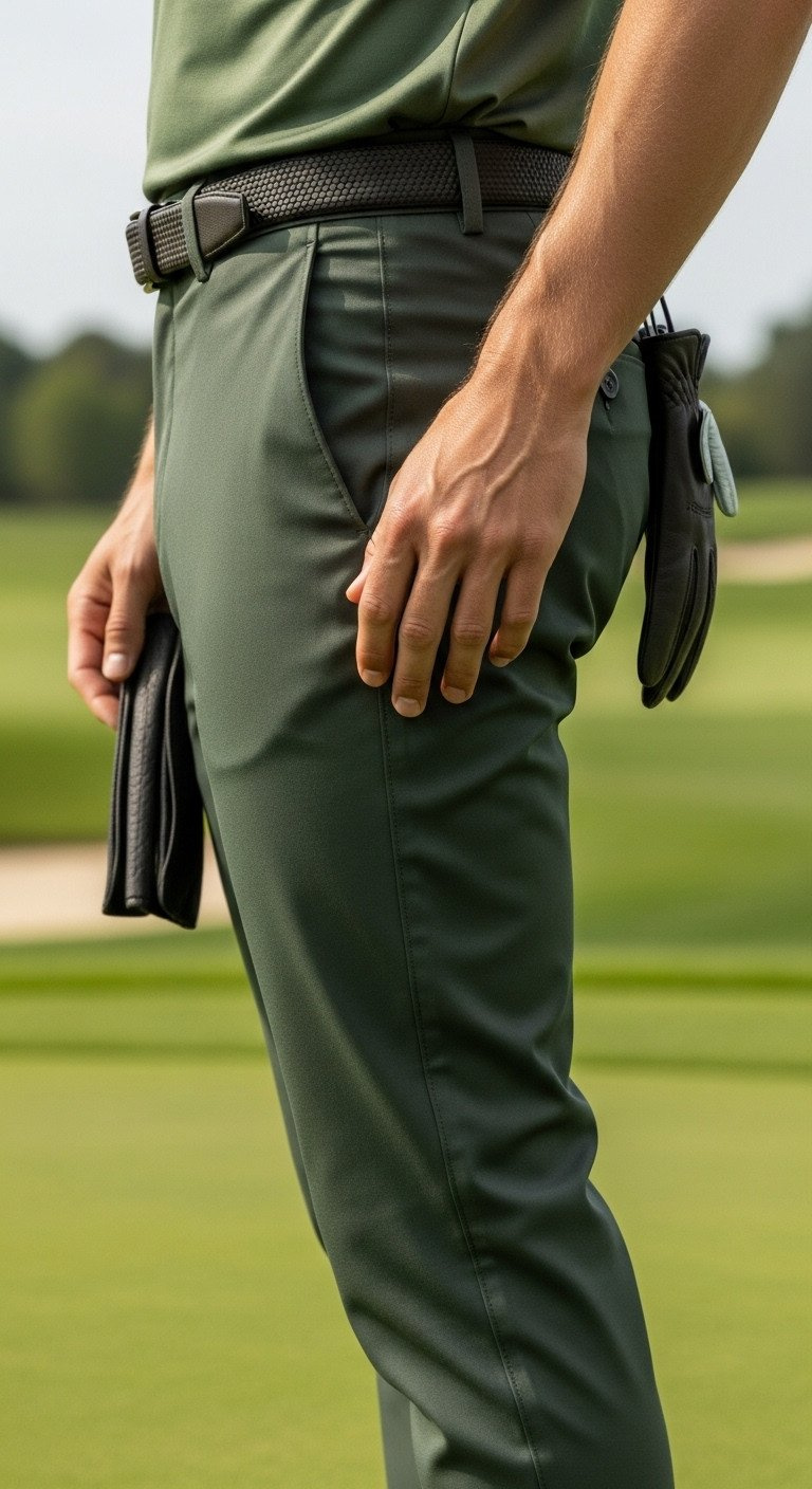 Tailored Olive Green Technical Stretch Golf Trousers, Precise Fit On Green. Bespoke Leather Golf Glove Detail.