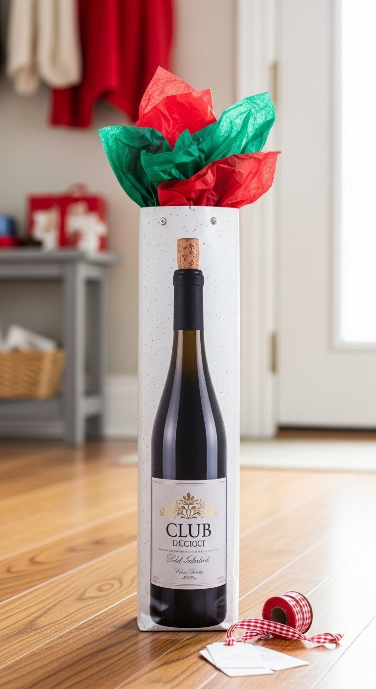 Tall Christmas Golf Gift Bag With Festive Red, Green, Gold Tissue Paper, Gift Tags, On Hardwood, Blurred Entryway.