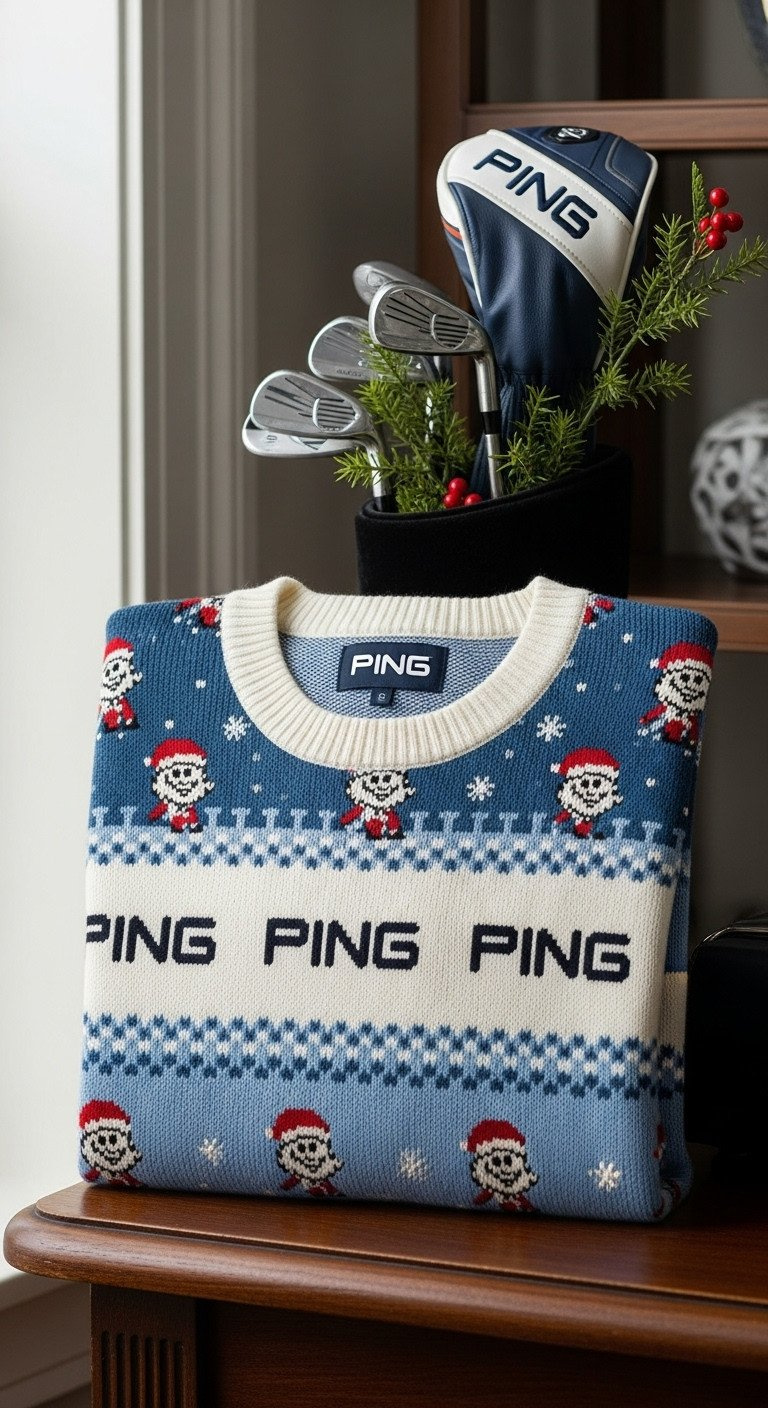 Tasteful Ping Golf Crewneck Sweater With Subtle Snowflakes And Mr. Ping Character, Folded Neatly. Quality Knit In Monochromatic Blue/White.