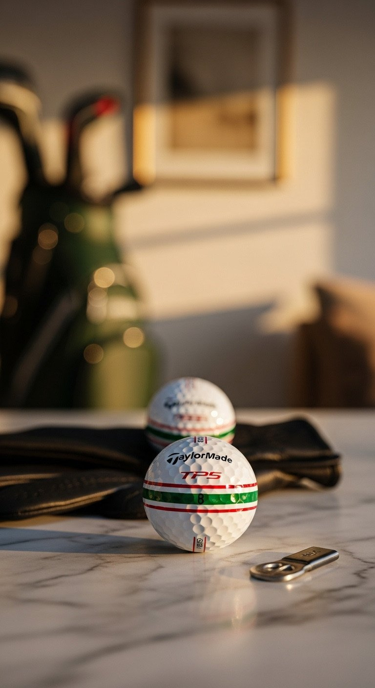 Taylormade Tp5 Golf Ball, Red/Green Holiday Stripe, Macro On Marble. Urethane Cover, Dimple Pattern, Warm Golden Light. Golf Accessory Gift.