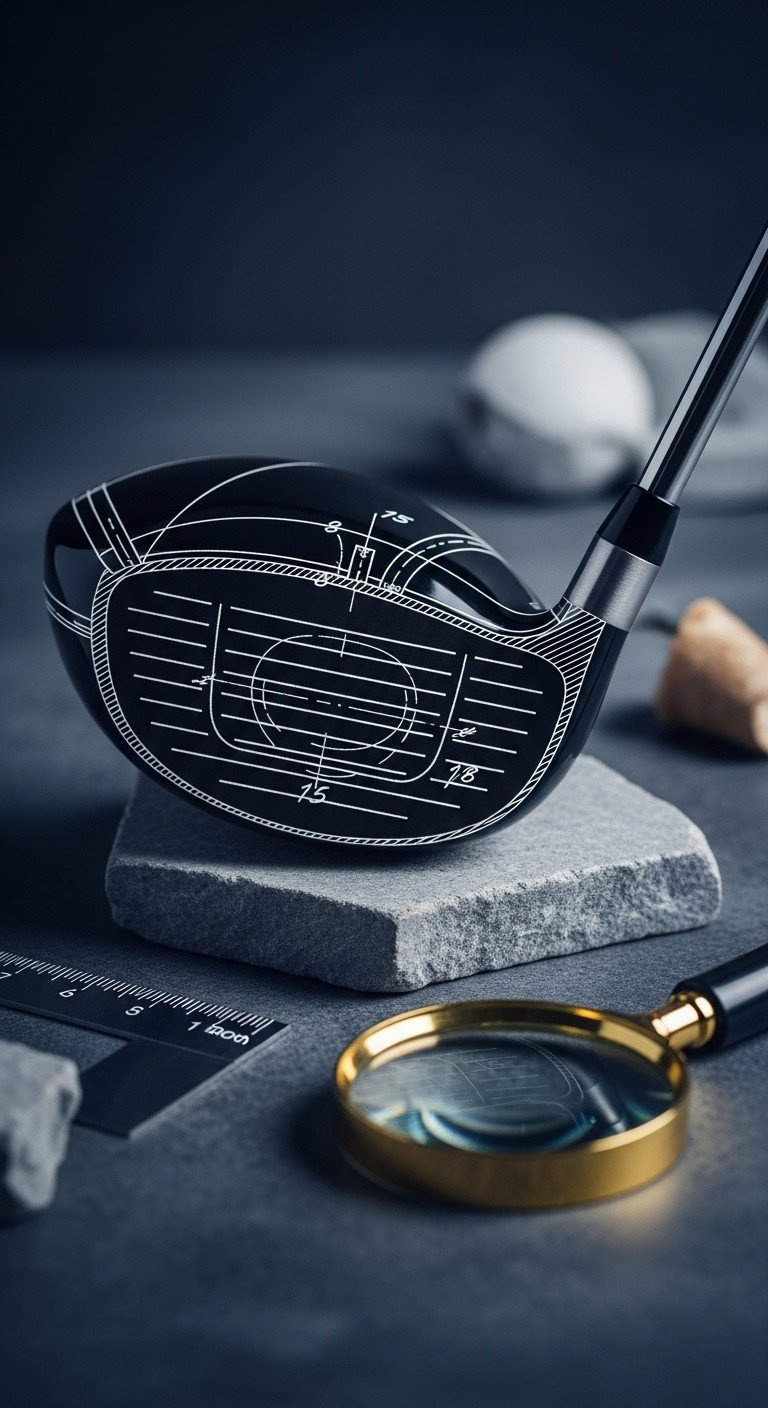 Technical Blueprint Golf Illustration: Detailed Cross-Section Of A Golf Club Head, White Lines On Black, With A Magnifying Glass.