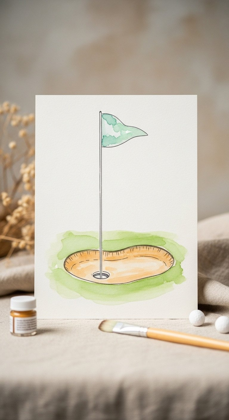 Textured Watercolor Golf Illustration: Soft Flagstick And Sand Trap Vector Art On Linen, With A Pigment Bottle And Brush.