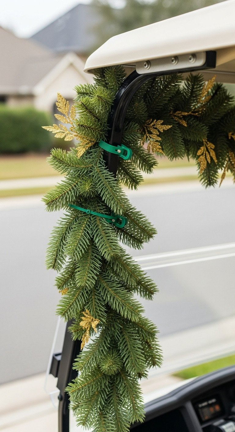 Thick Holiday Garland With Gold Accents Securely Wrapped Around A Golf Cart Roof Strut Using Green Clips, Natural Light.