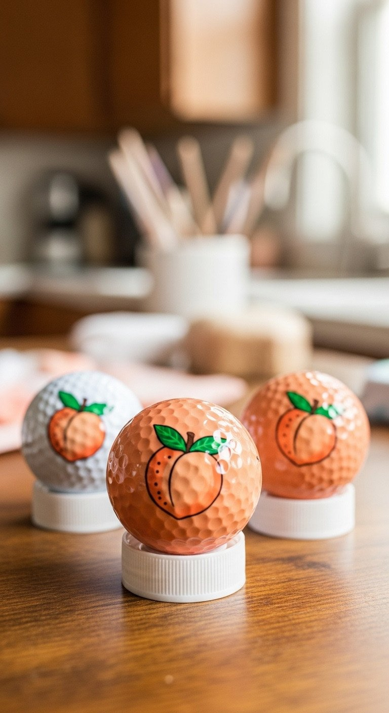 Diy Sharpie Peach Golf Ball Designs That Actually Last Three Custom-Decorated Golf Balls With A Peach Design Resting On Bottle Caps To Dry On A Rustic Wooden Table.