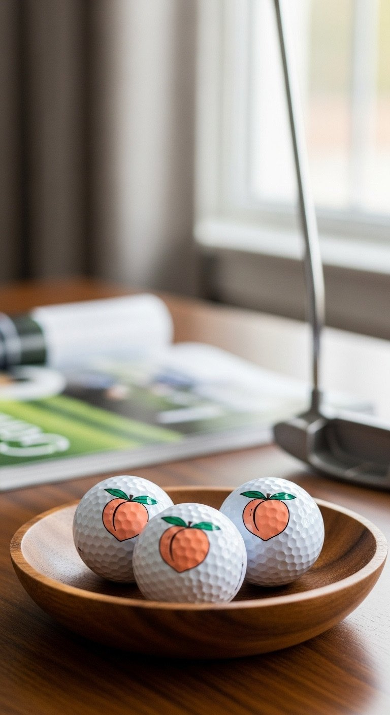 Diy Sharpie Peach Golf Ball Designs That Actually Last Three Finished Diy Custom Golf Balls With A Glossy Peach Design Displayed In A Stylish Dark Wooden Bowl.