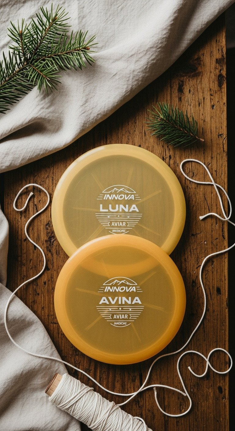 Three Identical Premium Disc Golf Putters On A Rustic Dark Oak Table With Pine Needles And White Twine. Clean, Minimalist Flat Lay.