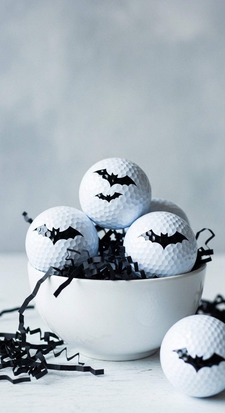 Three White Golf Balls Decorated With Simple Black Bat Silhouettes, Displayed In A White Bowl For Modern Halloween Decor.
