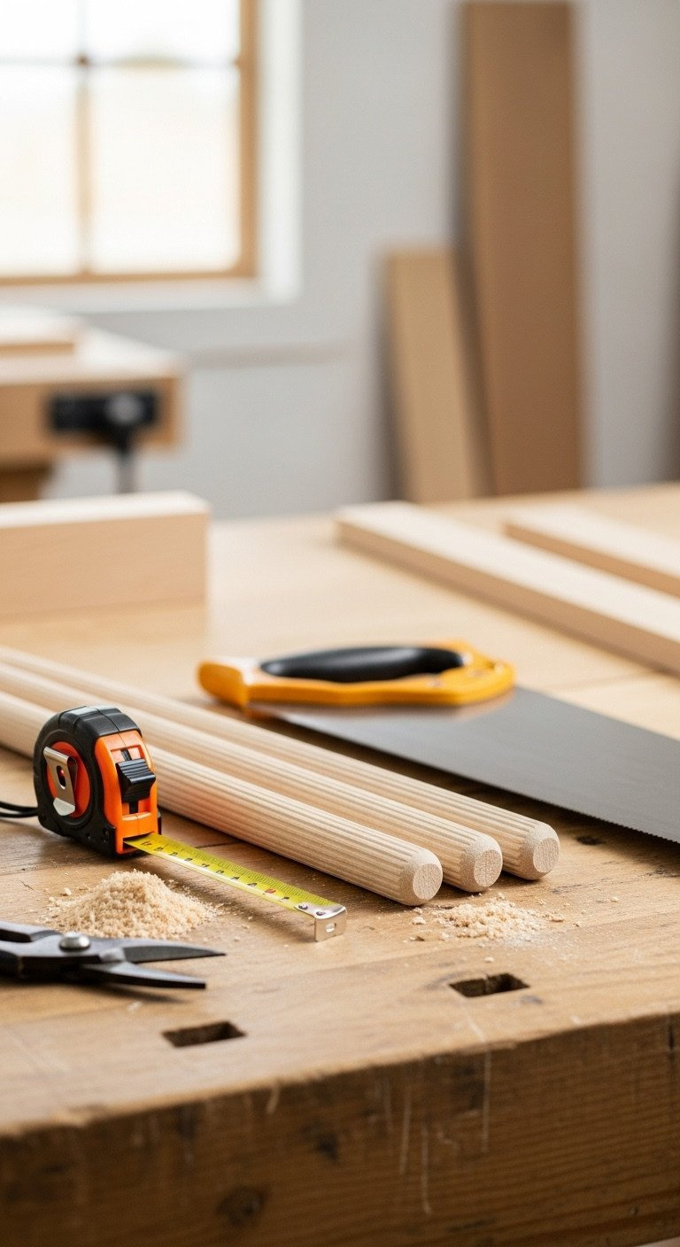 Golf Ball Bouquet Ultimate Guide For Stunning Stable Results Three Wooden Dowel Rods (1/4, 3/8, 1/2 Inch) On A Workbench With A Tape Measure And Handsaw, Comparing Thickness For Diy Crafts.