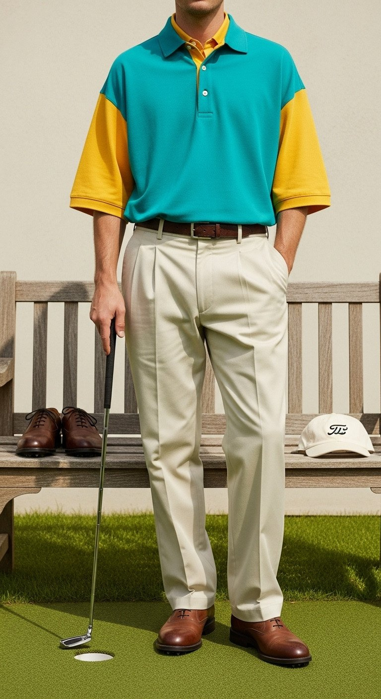 Tiger Woods In Iconic Bright Red Golf Polo, Black Trousers, White Belt On Lush Green Fairway, Athletic Fit.