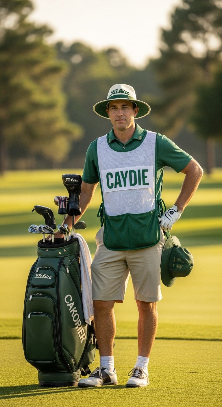 Tiger Woods Signature Red Polo, Black Slacks, And Black Golf Cap, With A Subtle Logo, On A Blurred Green Golf Course. Professional Golf Fashion.
