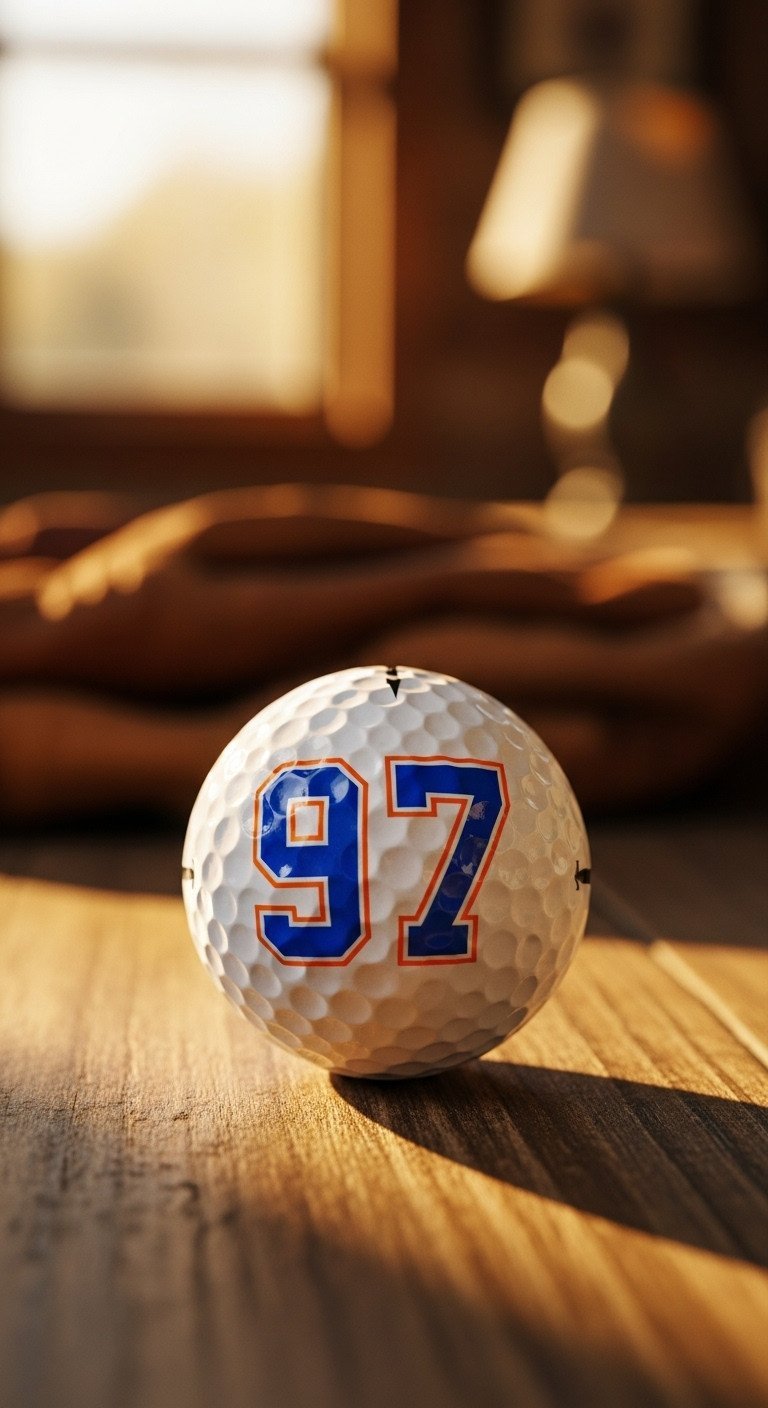 7 Genius Hockey Sharpie Ideas For Your Golf Balls Titleist Pro V1 Golf Ball On A Rustic Table With The Number 97 Drawn In Blue And Orange Sharpie, Like A Hockey Jersey.