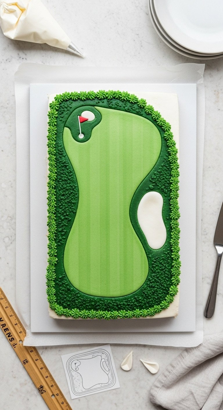 Golf Cake Piping Secrets For Structural Stability Guide Top-Down Flat Lay Of A Cake Surface Mapped With Clean Boundaries For Fairway, Green, And Bunker, Using A Paper Template And Ruler.