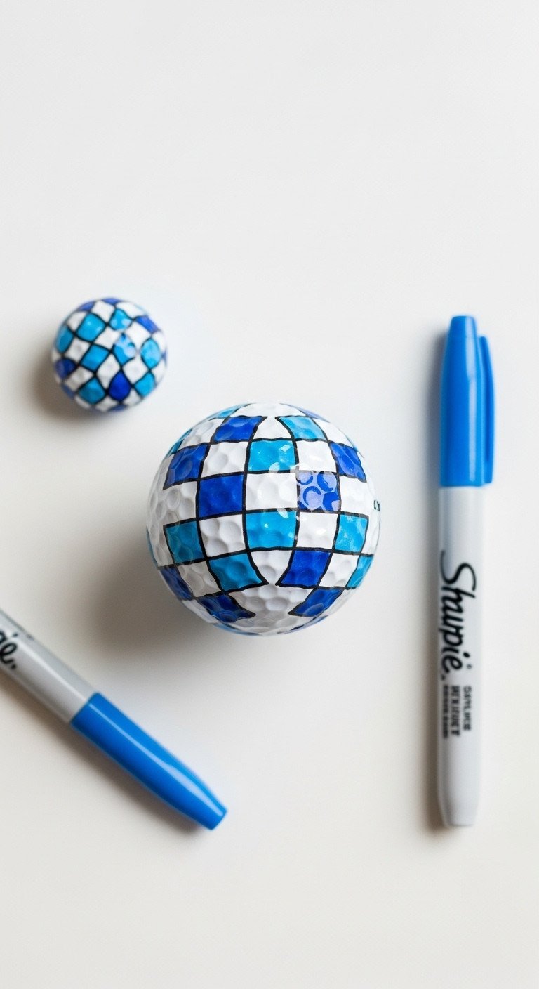 7 Genius Hockey Sharpie Ideas For Your Golf Balls Top-Down Flat Lay Of A Golf Ball With A Blue And White Checkerboard Pattern On Its Dimples, Next To Sharpie Markers.