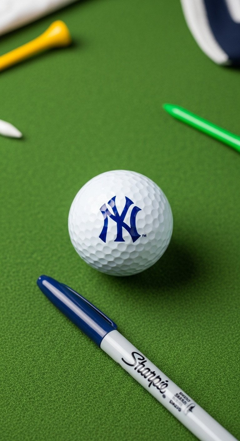Top-Down Flat Lay Of A Golf Ball With A Hand-Drawn New York Yankees Ny Logo In Navy Sharpie On A Green Felt Background.