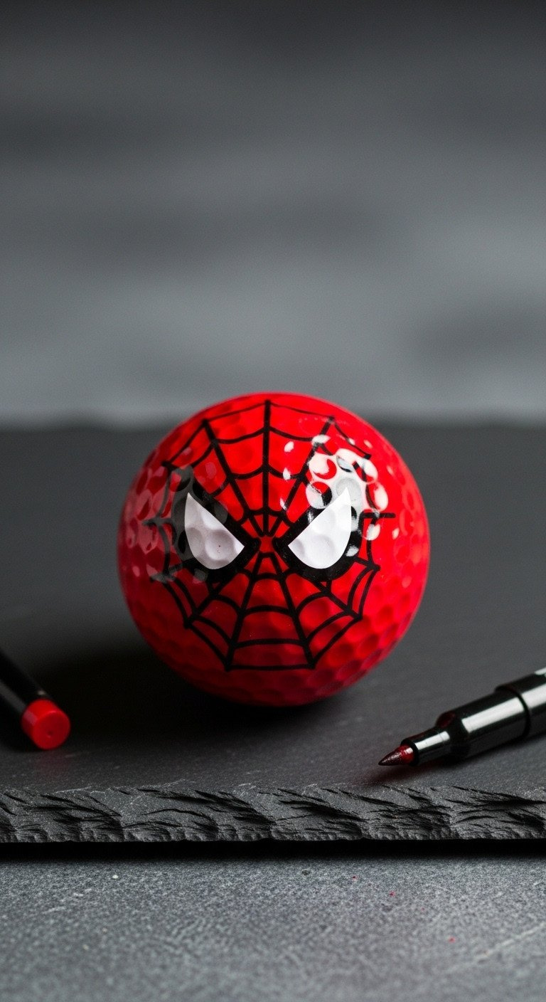 11 Genius Marvel Golf Ball Designs You Can Make With A Sharpie Top-Down Flat Lay Of A Red Golf Ball With A Hand-Drawn Spider-Man Webbing Design, Next To A Black Marker On Slate.