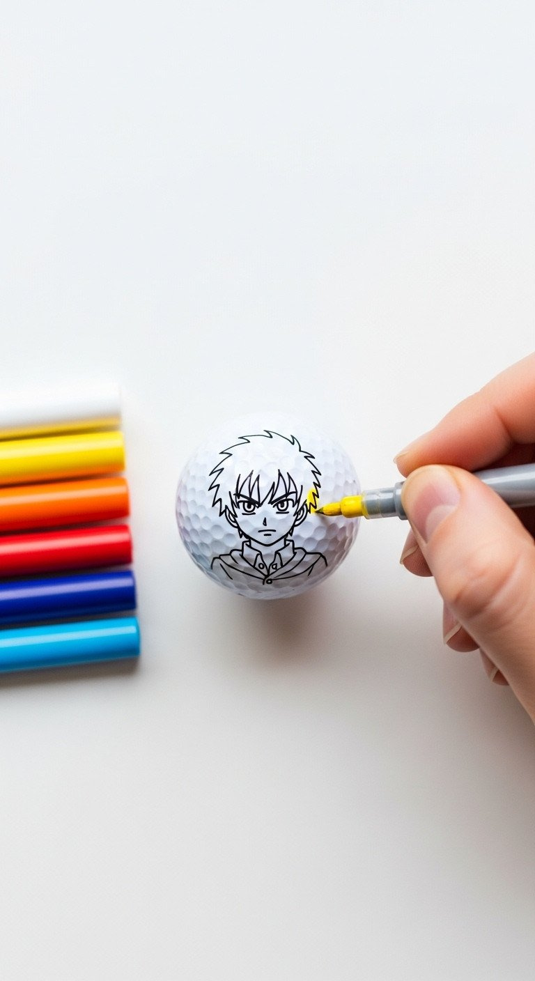 Top-Down Flat Lay Of A Yellow Paint Pen Coloring An Anime Character On A Golf Ball, With Other Colorful Pens Fanned Out.