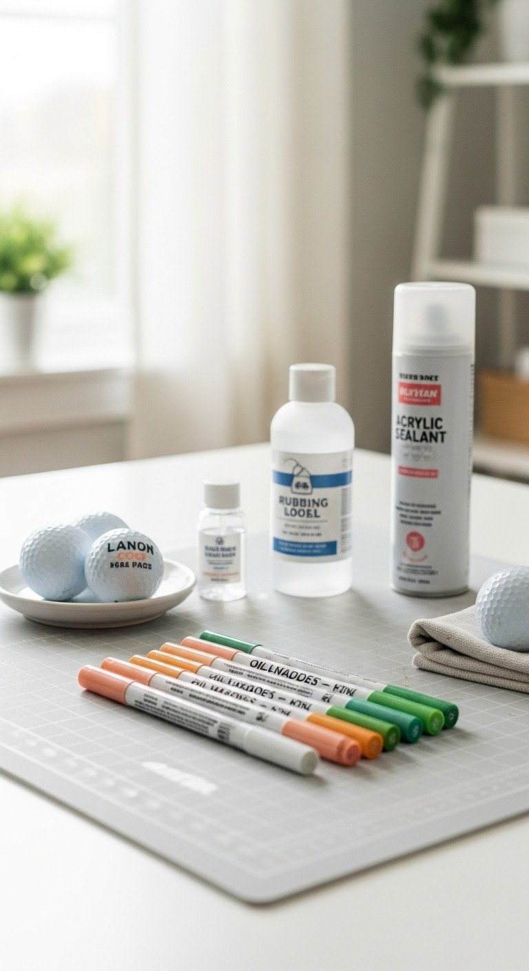 Diy Sharpie Peach Golf Ball Designs That Actually Last Top-Down Flat Lay Of Supplies For A Diy Golf Ball Customization Project With Peach, Orange, And Green Paint Markers.