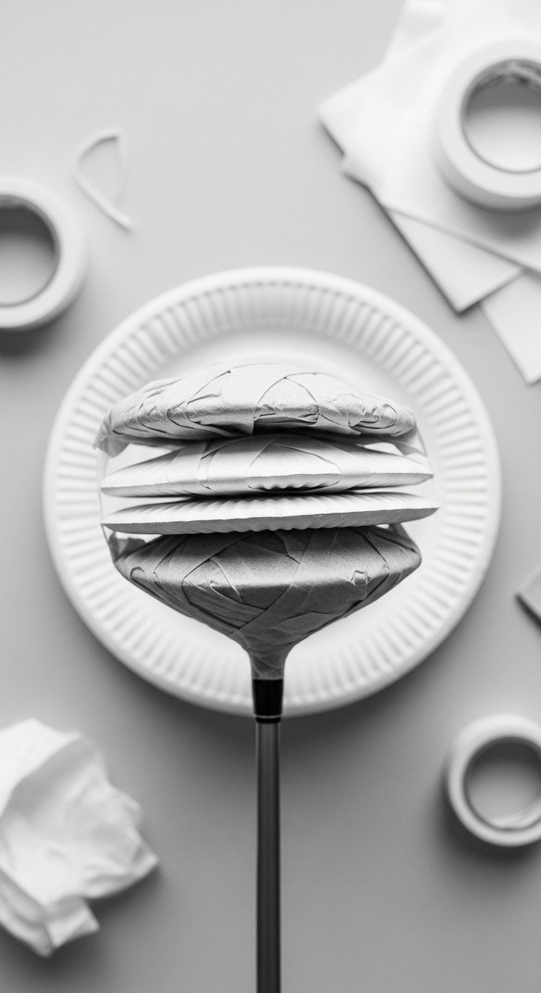 7 Easy Ways To Wrap A Golf Club And Disguise The Shape Top-Down Macro Flat Lay Of A Golf Driver Head Wrapped With Two White Paper Plates And Tissue Paper, Tape, And Scraps.