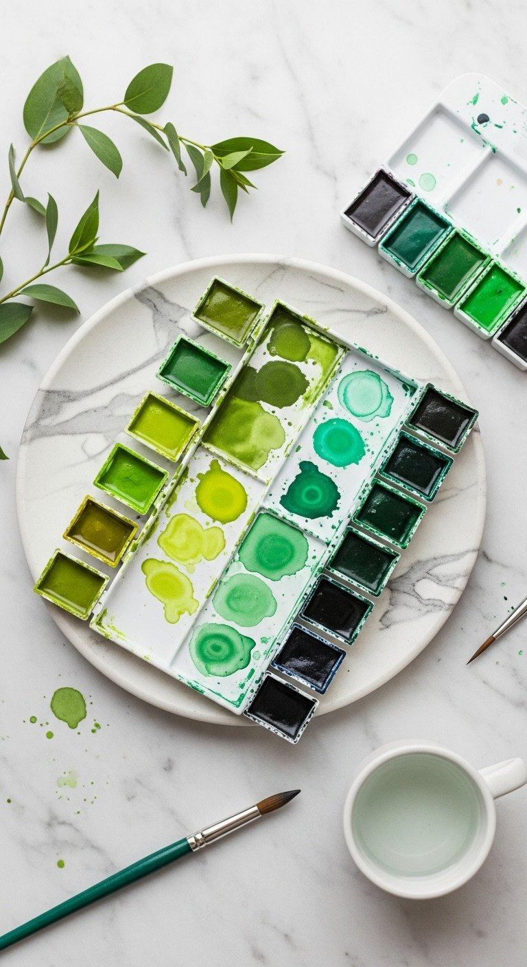 Top-Down View Of A Ceramic Watercolor Palette With Luminous Green Shades And Primary Colors, Beside Water And A Brush.