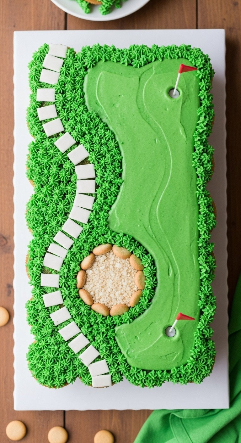 9 Golf Themed Cakes Beginner To Expert Designs And Tips Top-Down View Of A Golf Course Pull-Apart Cupcake Cake, 24 Green Cupcakes With A Vanilla Wafer Sand Trap And Golf Flag.