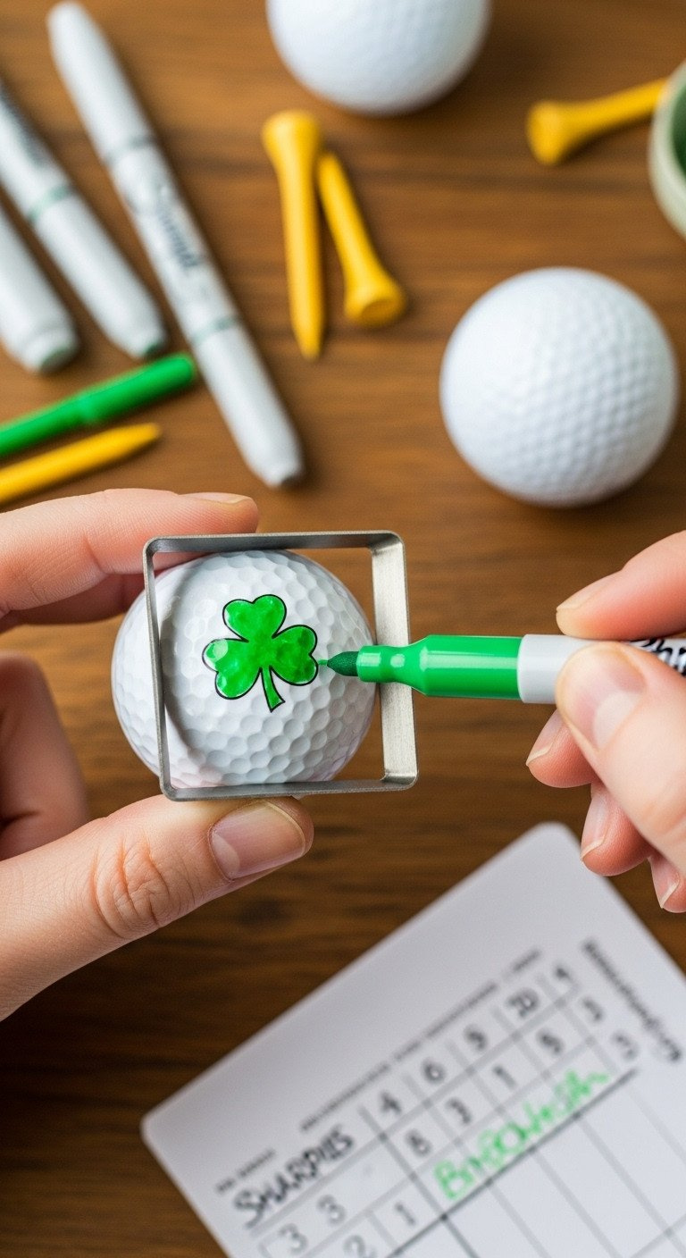 11 Brilliant Sharpie Golf Ball Designs That Actually Last Top-Down View Of A Hand Using A Metal Stencil And Green Sharpie To Draw A Lucky Shamrock On A White Golf Ball.