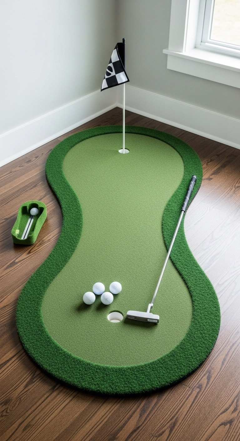 Top-Down View Of A Modern Indoor Putting Green With A Ball Return, Putter, And Golf Balls On A Dark Wood Floor.