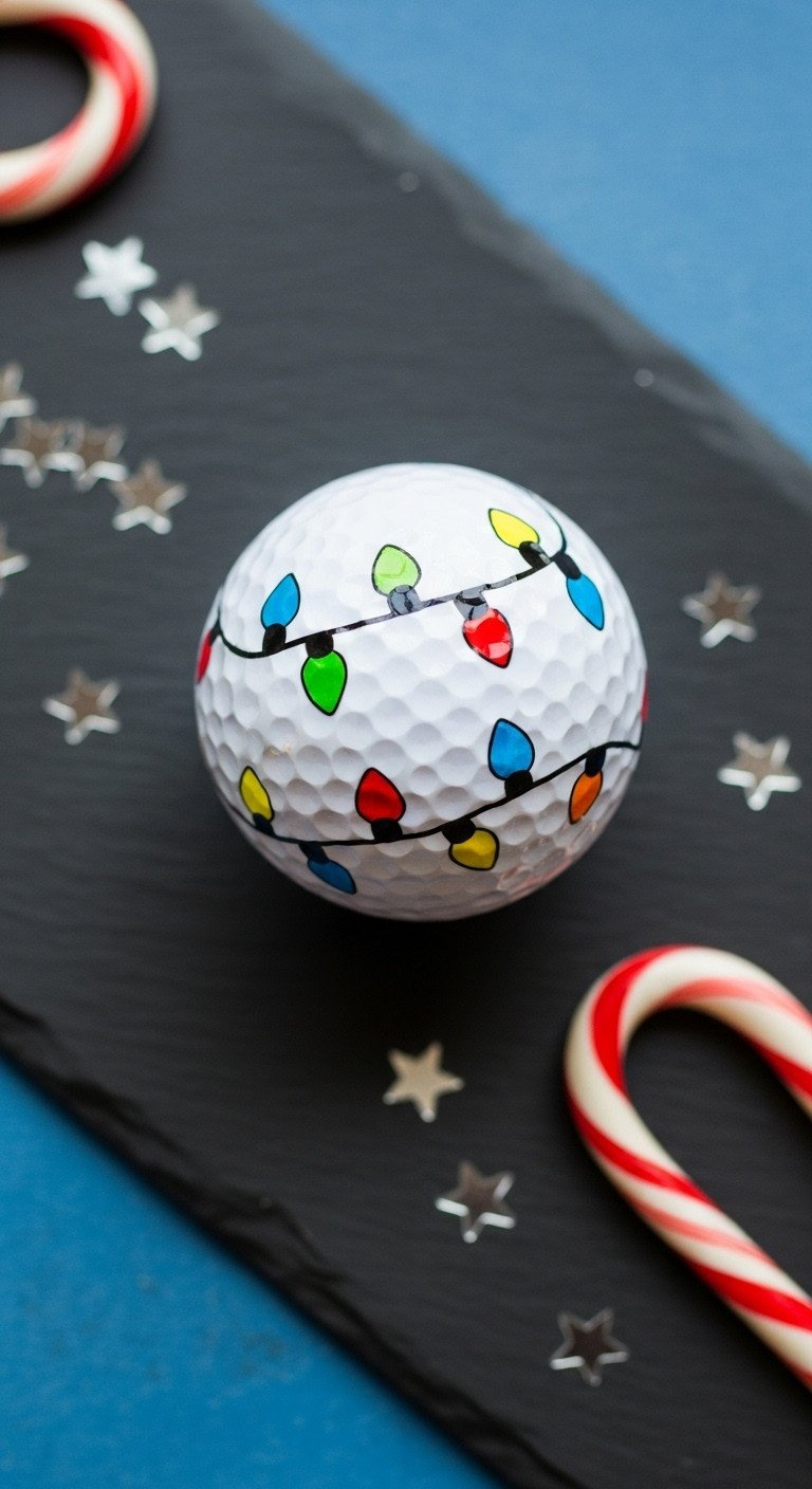 Top-Down View Of A White Golf Ball Hand-Decorated With A Colorful String Of Christmas Lights, A Festive Diy Ornament Idea.