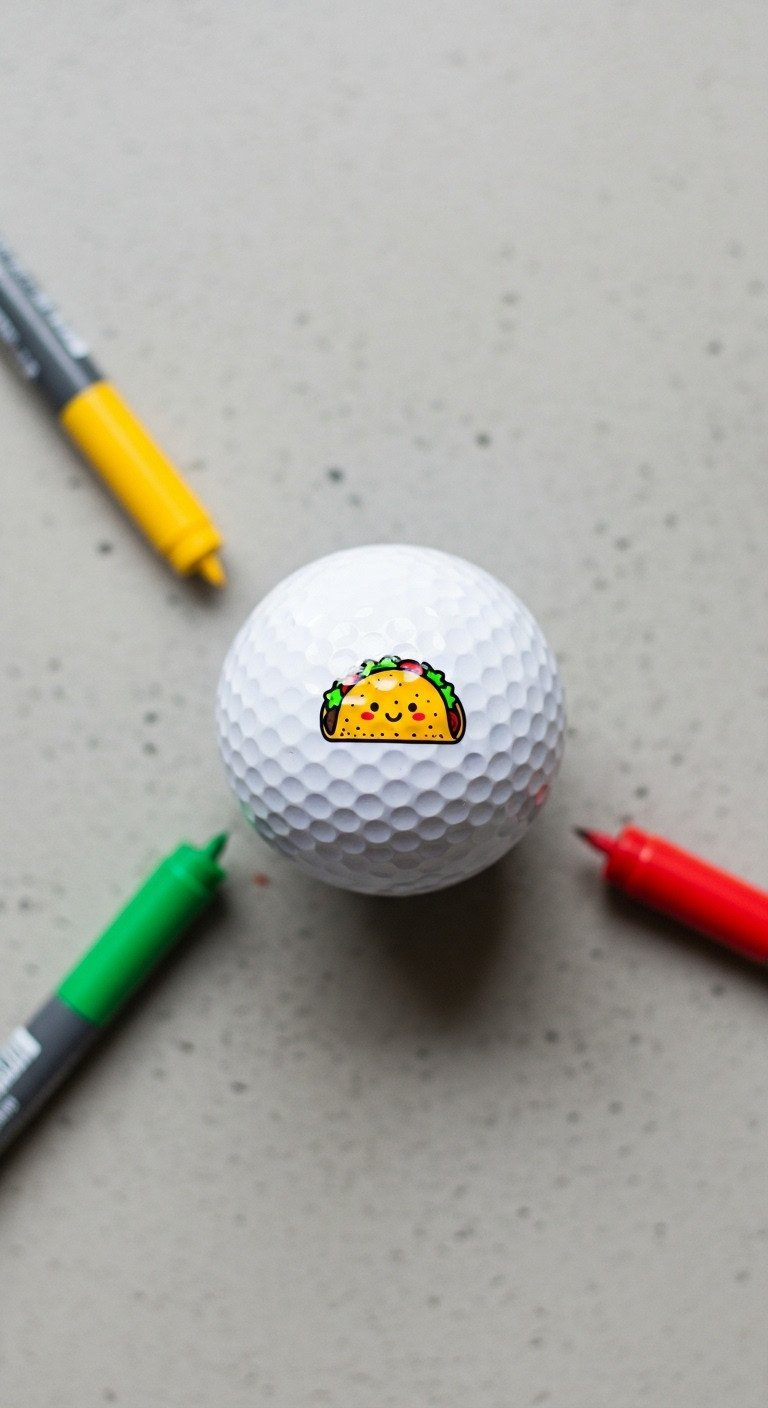 Top-Down View Of A White Golf Ball With A Cute, Hand-Drawn Cartoon Taco, Surrounded By Colorful Paint Pens On Concrete.