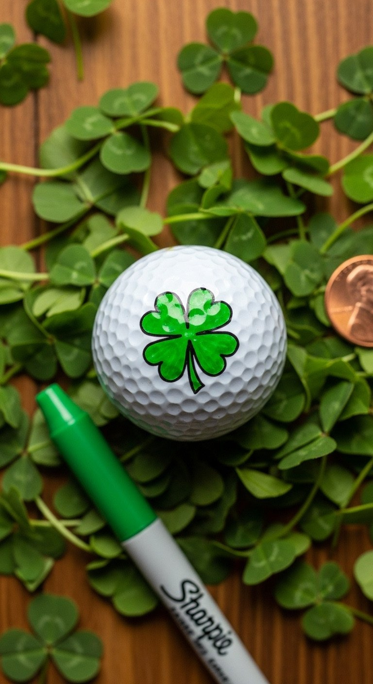 Top-Down View Of A White Golf Ball With A Green Shamrock Doodle, Lying On Clover Next To A Lucky Penny And A Sharpie.
