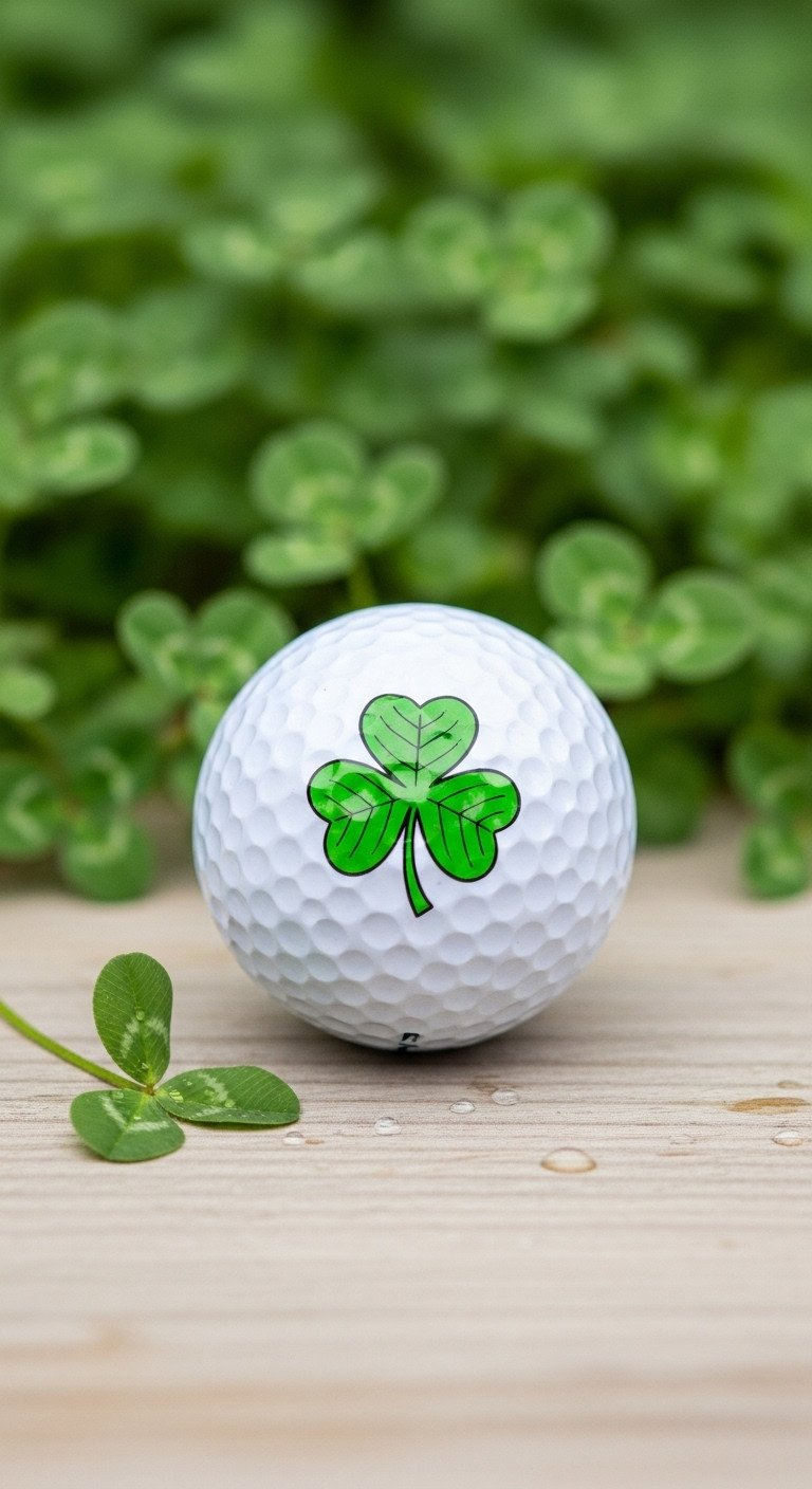 Top-Down View Of A White Golf Ball With A Hand-Drawn Green Shamrock For Good Luck, Resting On A Light Wood Surface.