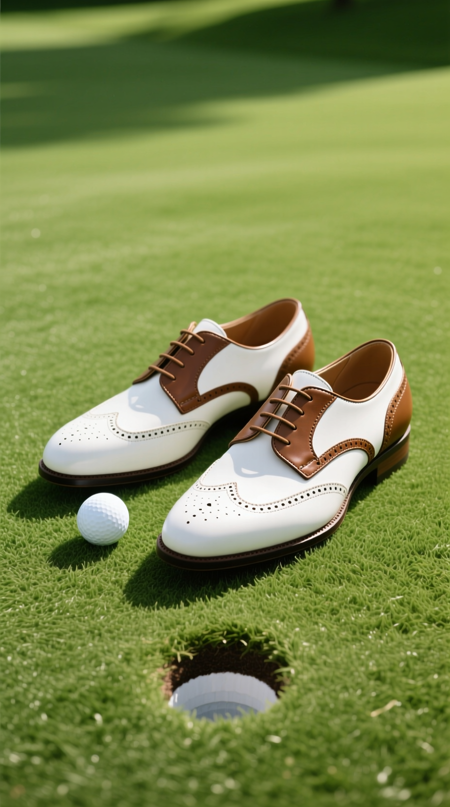 Top-Down View Of Classic White And Brown Leather Wingtip Spikeless Golf Shoes Next To A Ball On A Lush Putting Green.