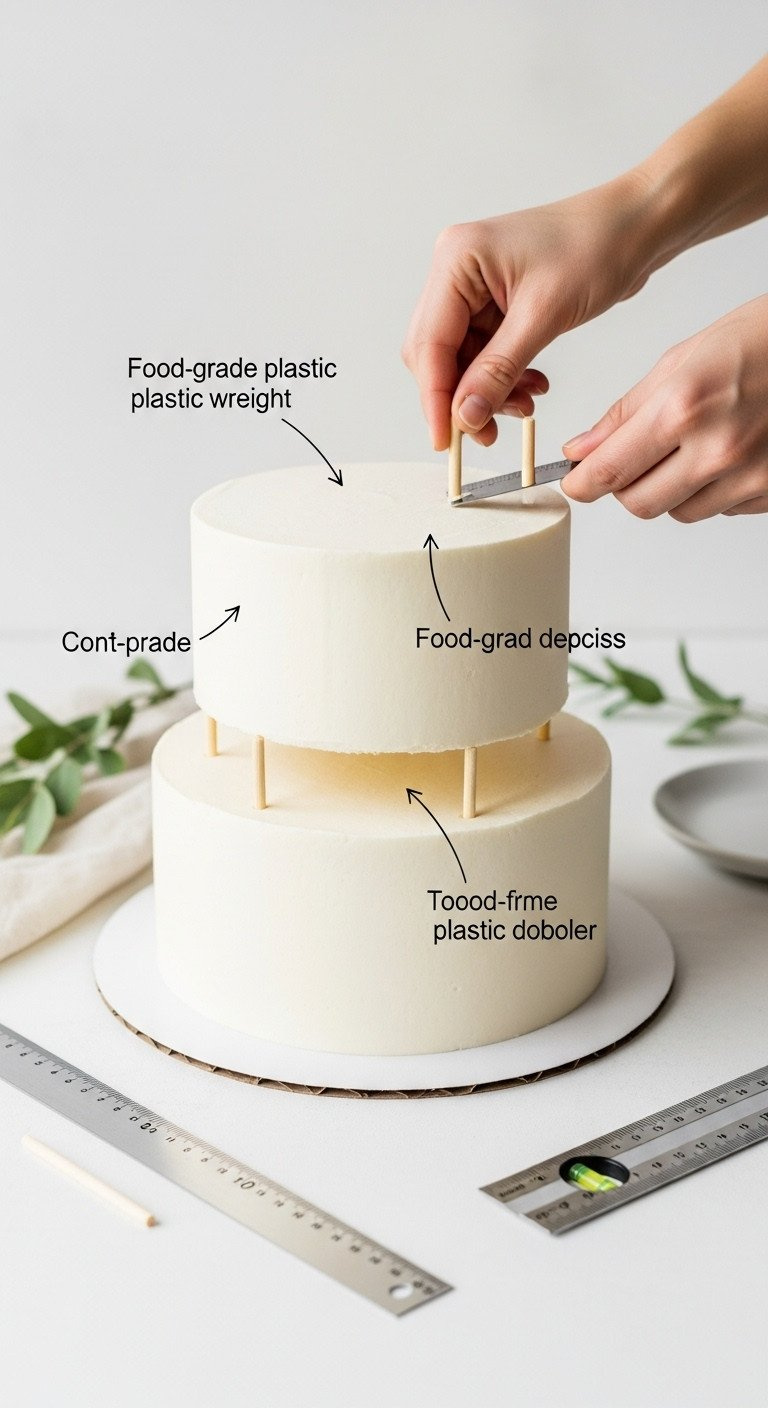 Golf Cake Piping Secrets For Structural Stability Guide Top-Down View Of Two-Tiered Cake Assembly, Showing Food-Grade Plastic Dowels In Bottom Layer For Support, With Ruler On White Background.